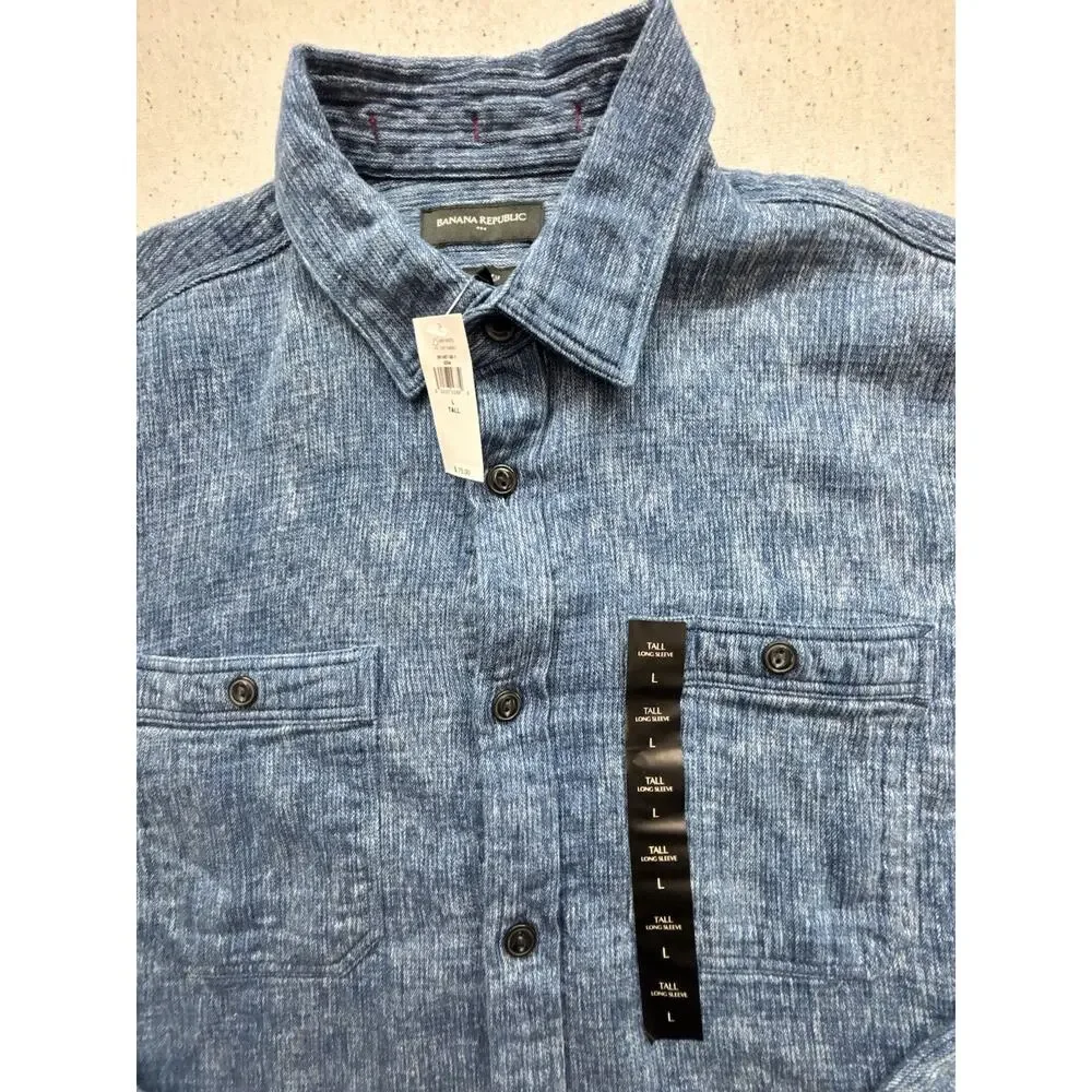NWT Banana Republic Mens L Tall Button Up Shirt Indigo Blue Slub Chambray $75